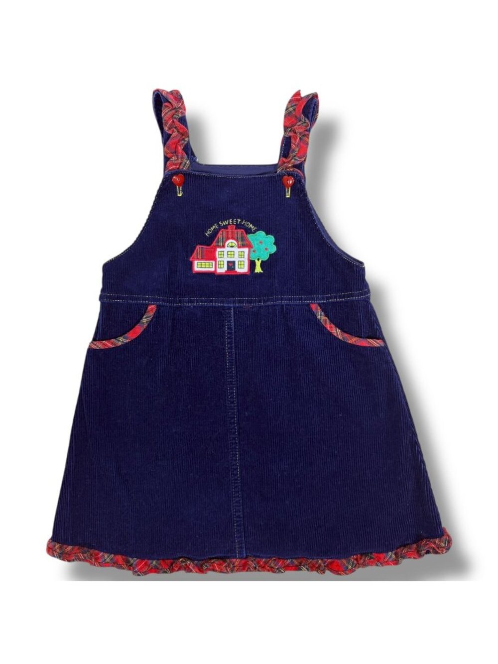 Vintage 90s Toddler Girls Blue Red Plaid Blue Corduroy Embroidered Dress 4T / 4